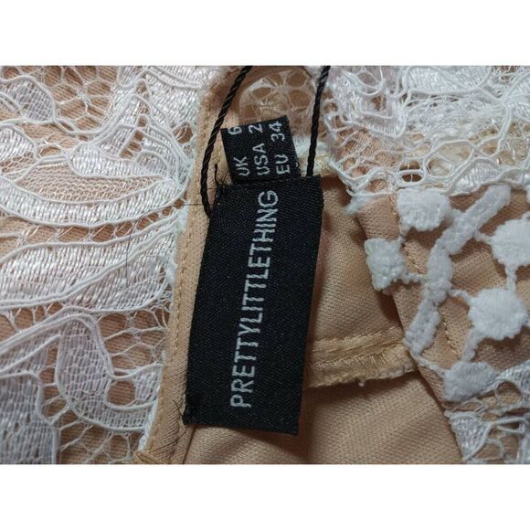 Pretty Little Thing Dress Ladies 2 Tan White Lace Overlay Short Sleeve Mini - Picture 6 of 8